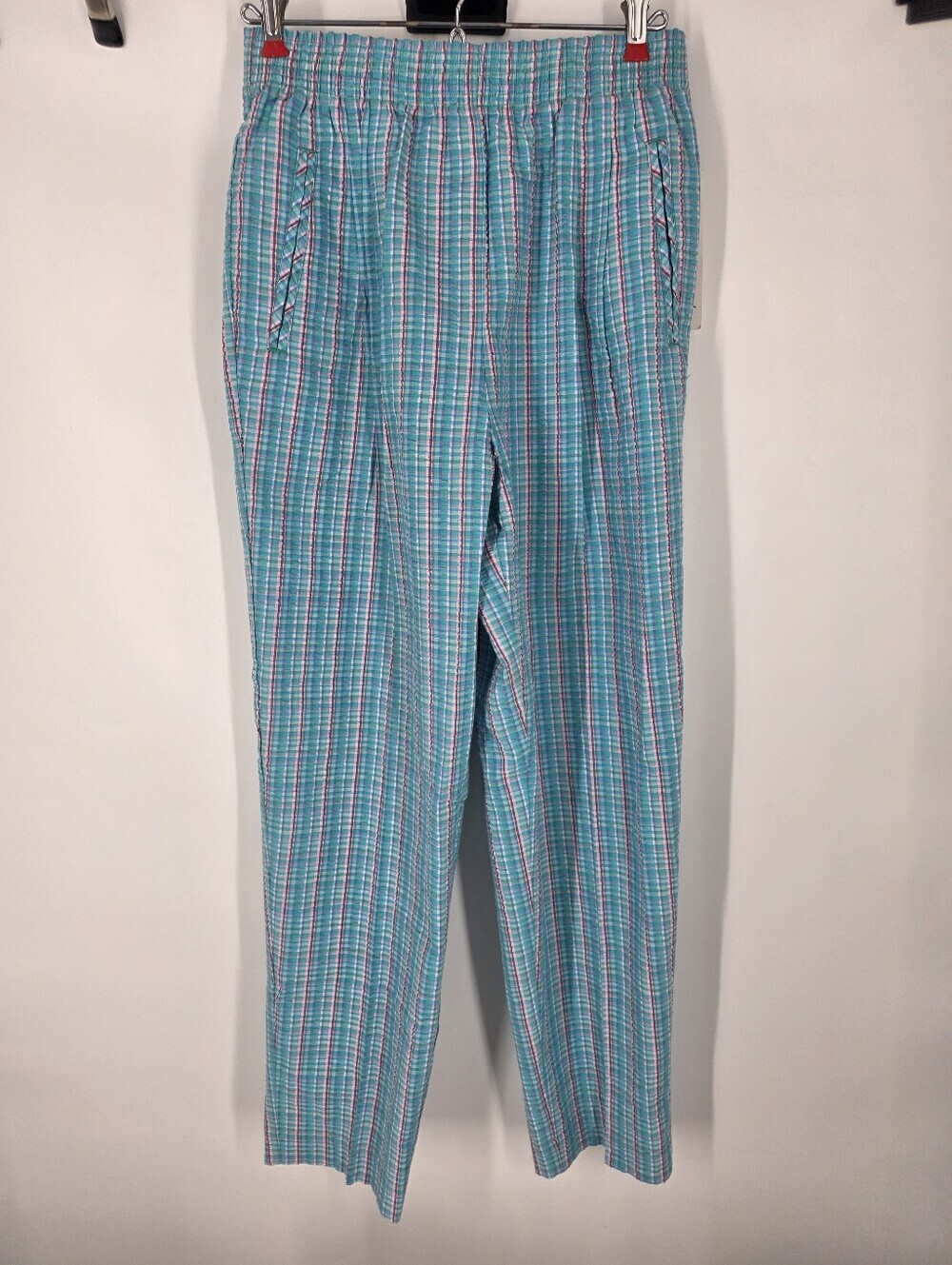 Napa Valley Vintage Seersucker Plaid Pants Size 8 Teal Pink Elastic Waist
